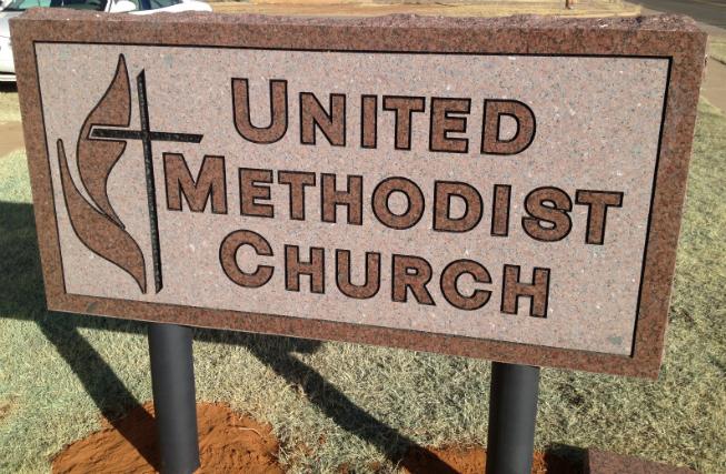 Red Granite memorial for Gould, OK Methodist Church Sign